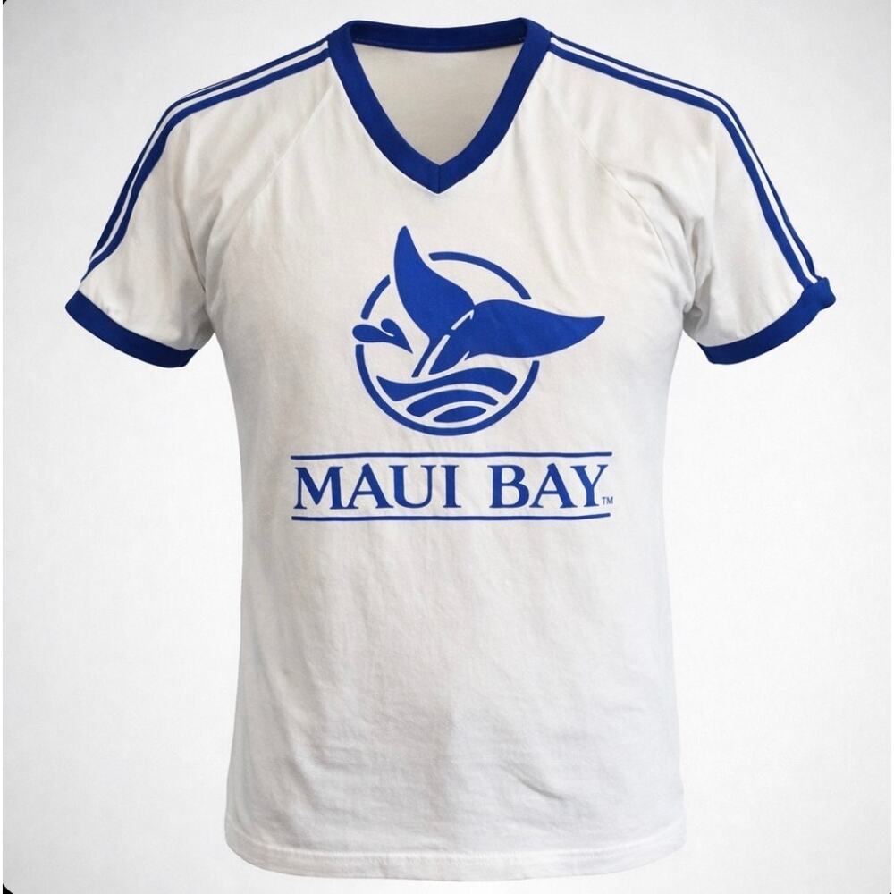 Vintage Maui Bay Capped Sleeve T-Shirt Blue White V-Neck 80s Whale Hawaii USA L